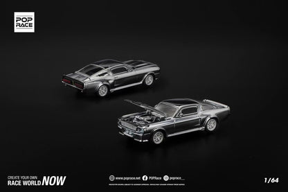 Pop Race 1:64 Shelby Mustang GT500 Silver Chrome Opening Front & Rear Detailed Engine (PR640312)