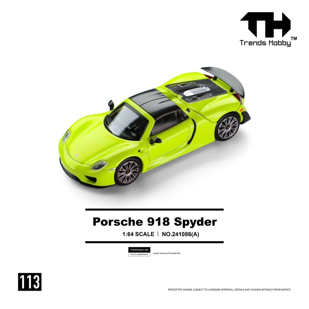 Trends Hobby 1:64 Porsche 918 Spyder Green Openable Roof and Rear Hoods Detailed Engine Porsche Official Licensed (241086A)