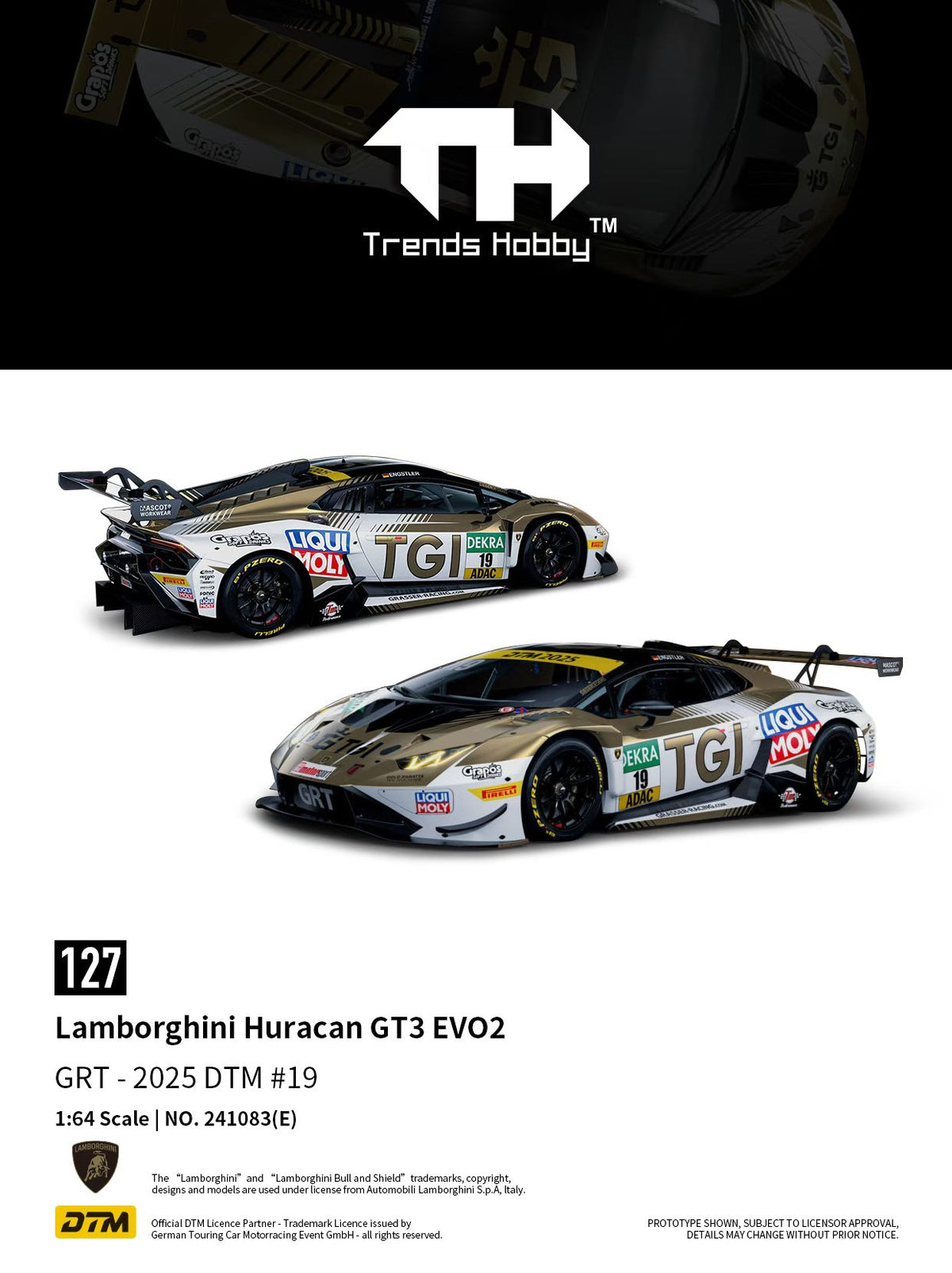 Trends Hobby 1:64 Lamborghini Huracan GT3 EVO2 GRT 2025 DTM #19 Openable Rear Hood Detailed Engine Lamborghini Official Licensed (241083E)