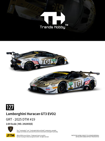 Trends Hobby 1:64 Lamborghini Huracan GT3 EVO2 GRT 2025 DTM #19 Openable Rear Hood Detailed Engine Lamborghini Official Licensed (241083E)