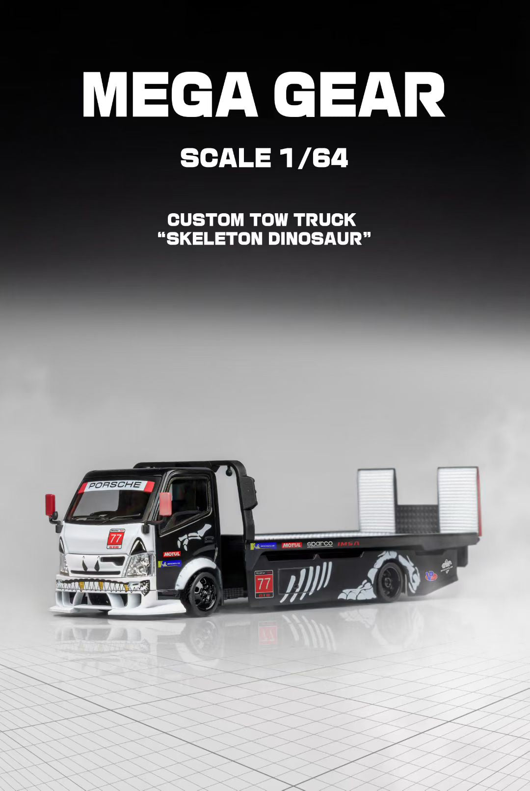 Micro Turbo 1:64 Mega Gear Hino 300 Series MK2 Custom Extendable Tow Truck Flatbed Livery Skeleton Dinosaur Black and White