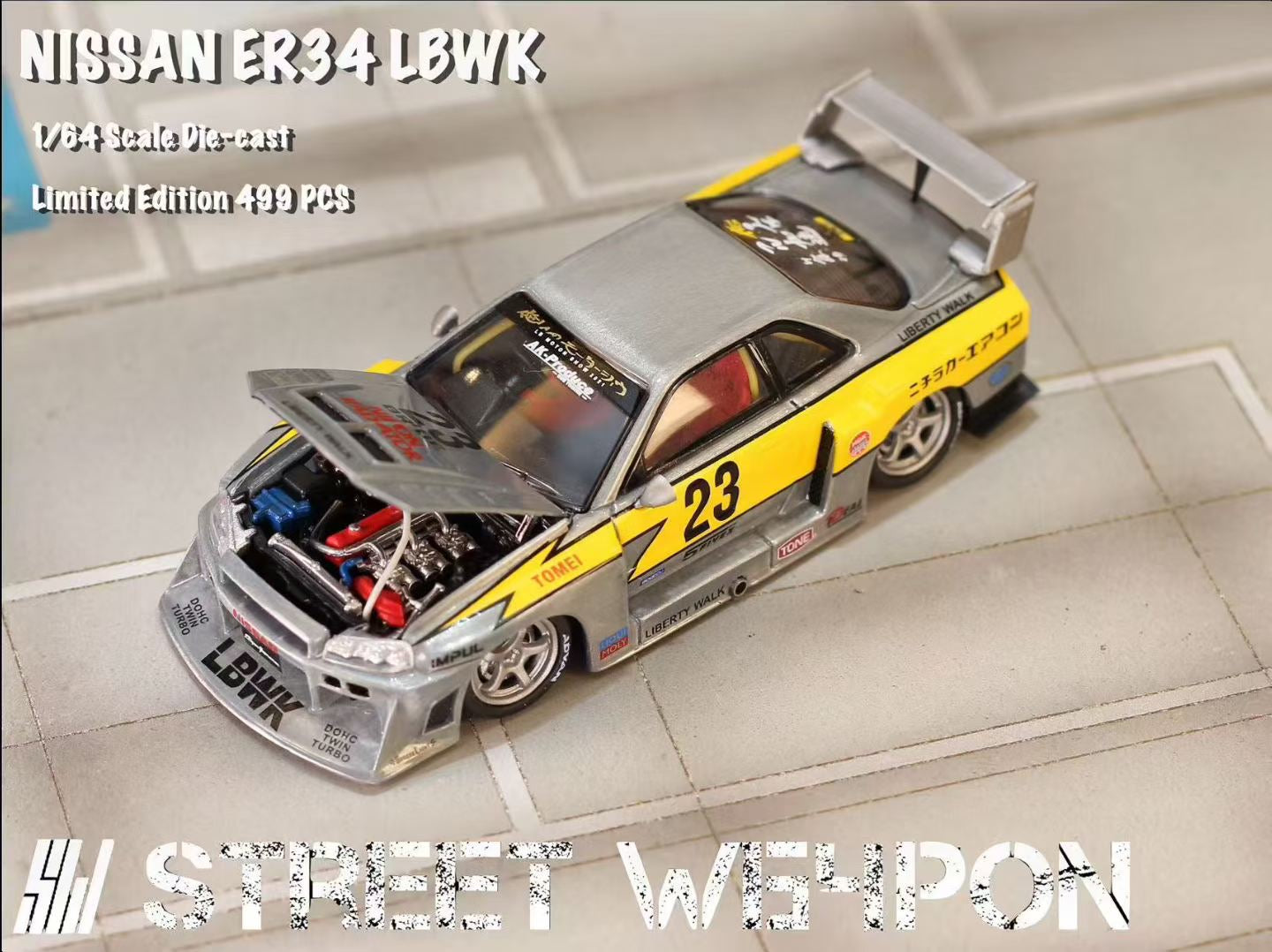 Street Weapon 1/64 Nissan Skyline GT-R R34 ER34 LBWK Super Silhouette #23 Raw Lightening Edition Openable Engine Hood Detailed Engine Limited 499 Pieces