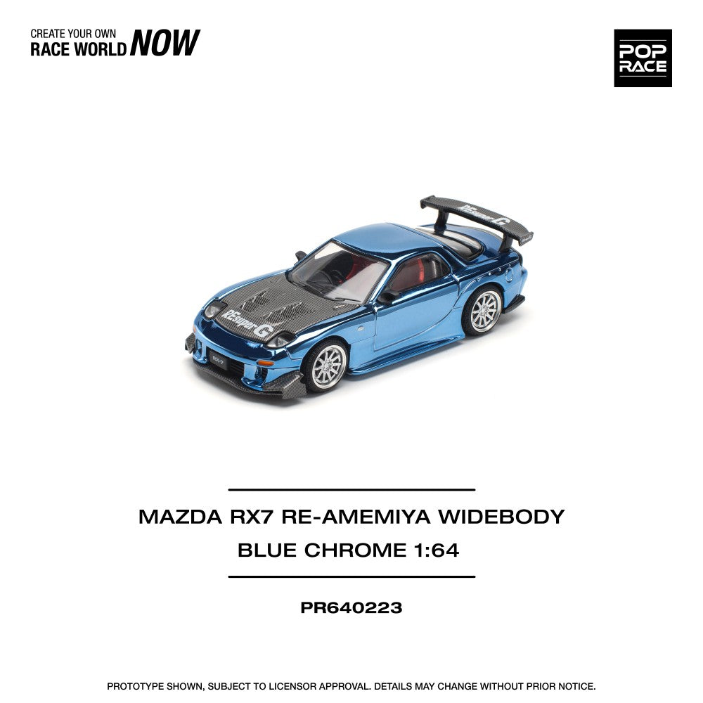 Pop Race 1:64 Mazda RX-7 FD3S Re-Amemiya Wide Body Blue Chrome Openable Front Hood Detailed Engine (PR640223)