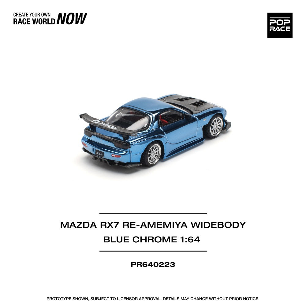 Pop Race 1:64 Mazda RX-7 FD3S Re-Amemiya Wide Body Blue Chrome Openable Front Hood Detailed Engine (PR640223)