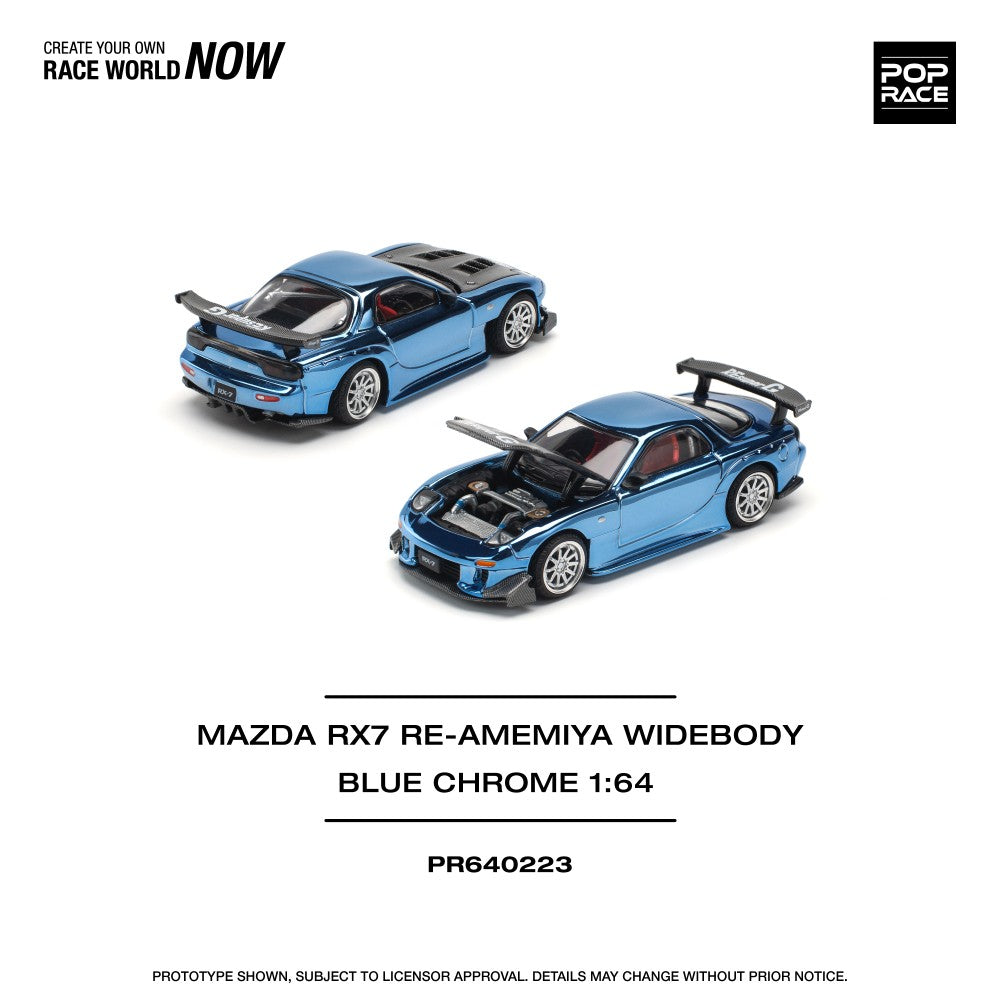 Pop Race 1:64 Mazda RX-7 FD3S Re-Amemiya Wide Body Blue Chrome Openable Front Hood Detailed Engine (PR640223)
