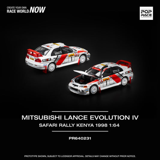 Pop Race 1:64 Mitsubishi Lancer Evolution IV Safari Rally Kenya 1998 Opening Front Detailed Engine (PR640231)