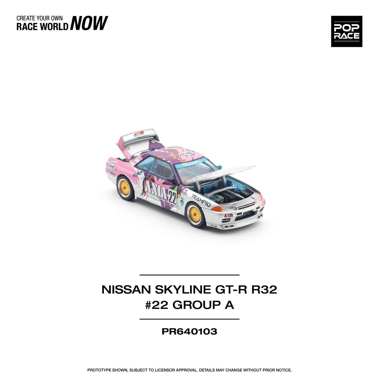 Pop Race 1:64 Nissan Skyline GT-R R32 #22 Group A AXIA #22 Opening Front and Rear Detailed Engine (PR640103)