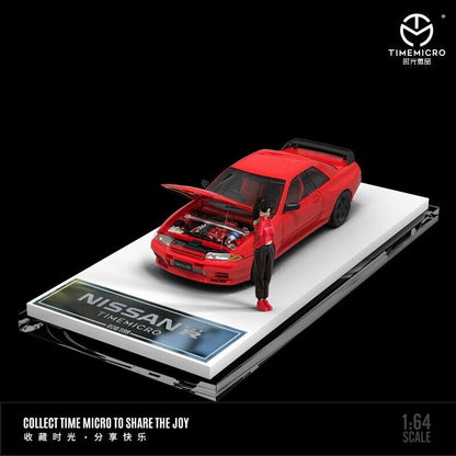 Time Micro 1/64 Nissan Skyline GT-R R32 Open Bonnet Engine Hood Metallic Red w/ Model Girl Miniature Figure