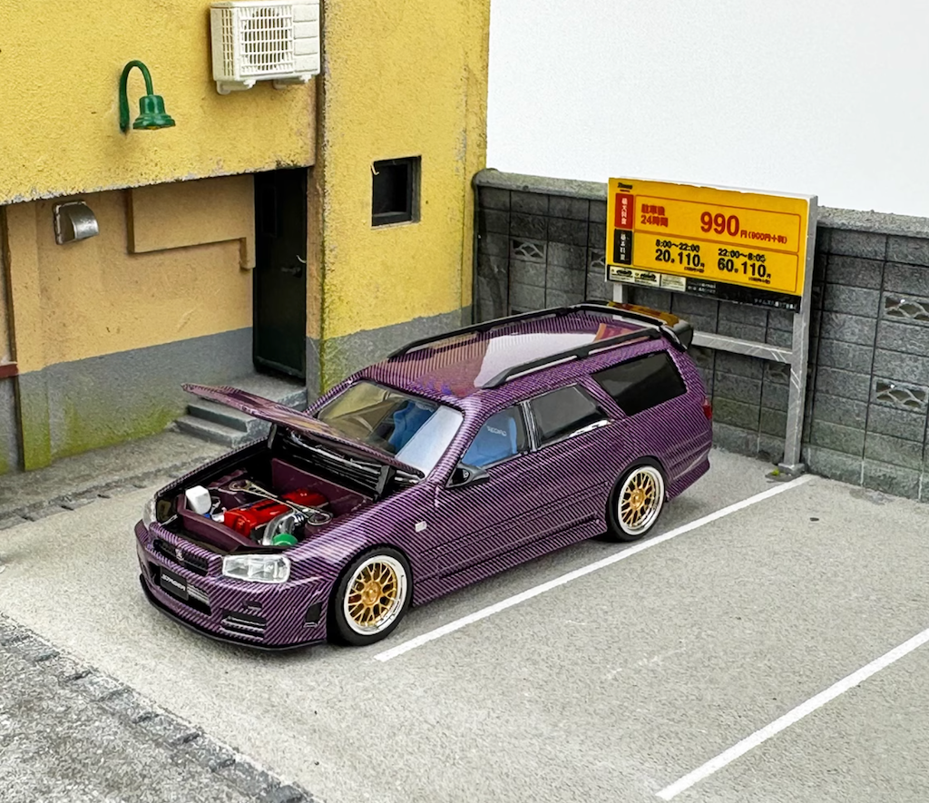 Zoom 1/64 Nissan Stagea Skyline GT-R R34 WC34 260RS Wagon Open Engine Bonnet- Full Carbon Purple