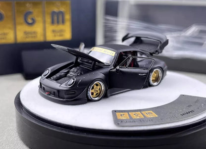 PGM 1:64 Porsche RWB 993 Wide Body Custom GT Wing Spoiler Matt Black Golden Wheels with All Openable Doors and Hoods Limited 999 Pieces Premium Round Box Packaging