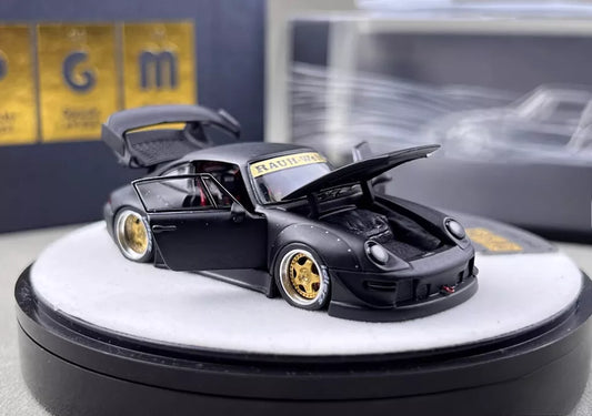 PGM 1:64 Porsche RWB 993 Wide Body Custom GT Wing Spoiler Matt Black Golden Wheels with All Openable Doors and Hoods Limited 999 Pieces Premium Round Box Packaging