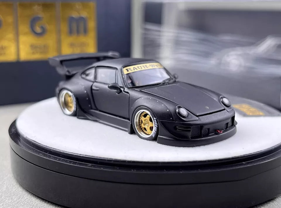 PGM 1:64 Porsche RWB 993 Wide Body Custom GT Wing Spoiler Matt Black Golden Wheels with All Openable Doors and Hoods Limited 999 Pieces Premium Round Box Packaging