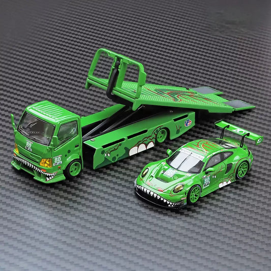 [Box Corner Damaged] Top Lux X Star Race 1:64 H300 Rollback Tow Truck Extendable Flat Bed + 911 GT3 R Tyrannosaurus Rexy Green (Full Set)