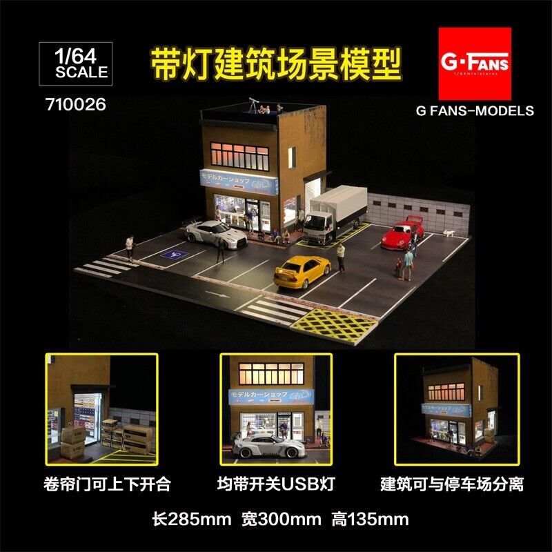 G-Fans 1/64 Model Car Hobby Shop LED Light Diorama with Car Parking Lot