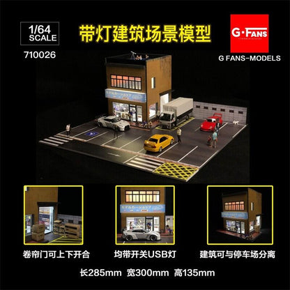 G-Fans 1/64 Model Car Hobby Shop LED Light Diorama with Car Parking Lot