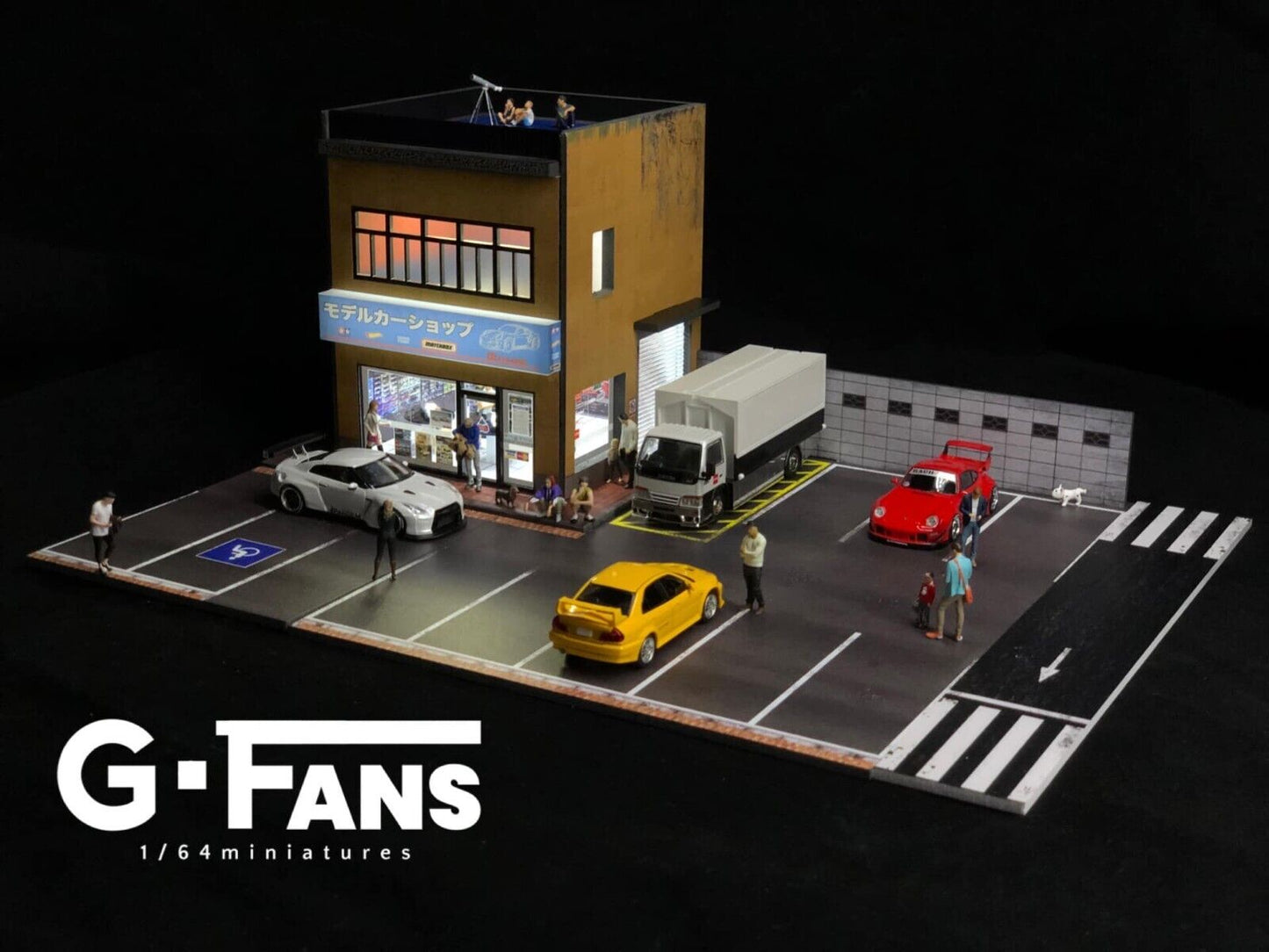 G-Fans 1/64 Model Car Hobby Shop LED Light Diorama with Car Parking Lot