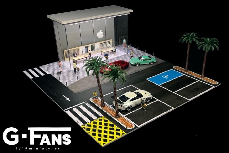 G-Fans 1/64 Apple Store LED Light Diorama with Car Park Parking Lot