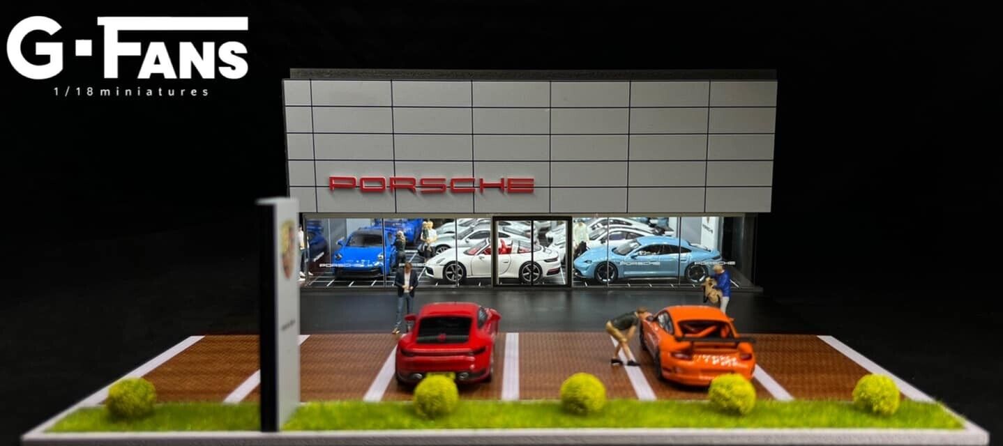 G-Fans 1/64 Porsche Center LED Light Diorama with Car Parking Lot