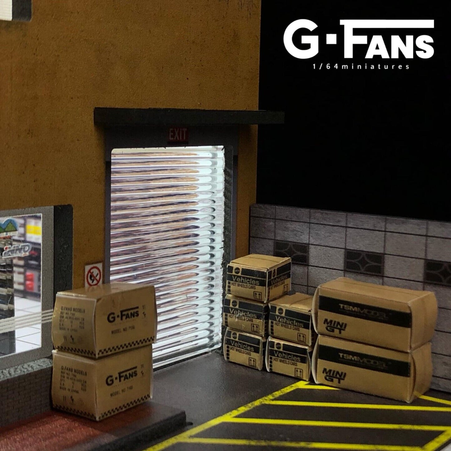 G-Fans 1/64 Model Car Hobby Shop LED Light Diorama with Car Parking Lot