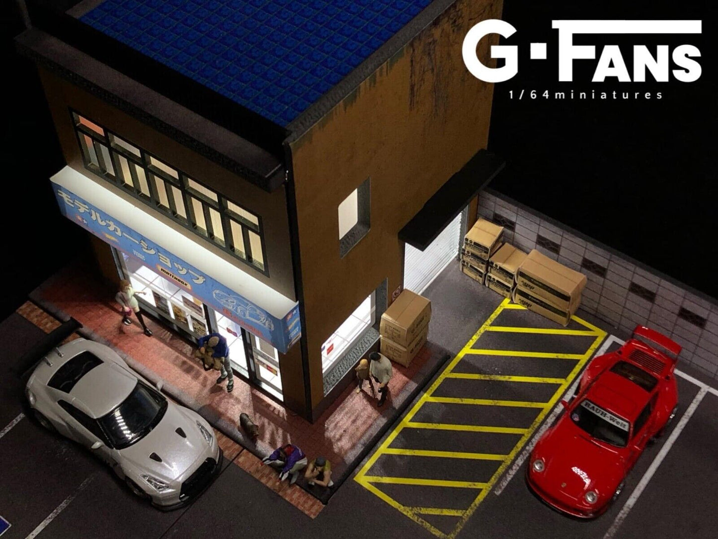 G-Fans 1/64 Model Car Hobby Shop LED Light Diorama with Car Parking Lot