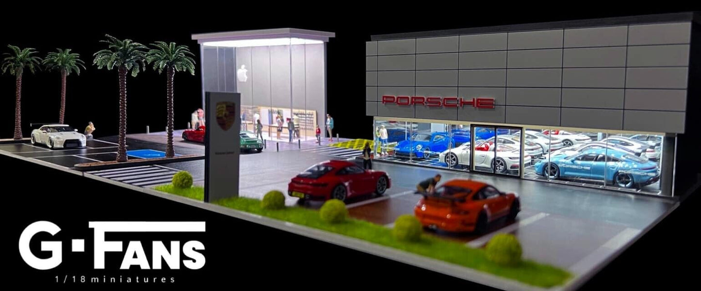 G-Fans 1/64 Porsche Center LED Light Diorama with Car Parking Lot