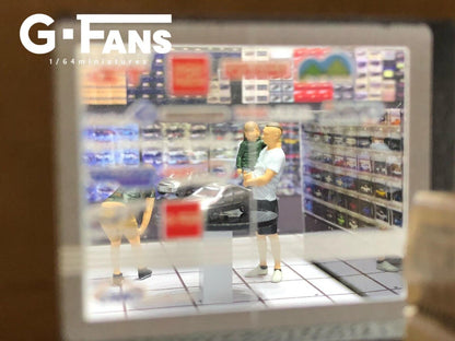 G-Fans 1/64 Model Car Hobby Shop LED Light Diorama with Car Parking Lot
