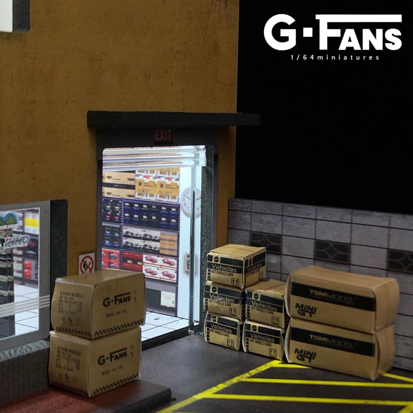G-Fans 1/64 Model Car Hobby Shop LED Light Diorama with Car Parking Lot